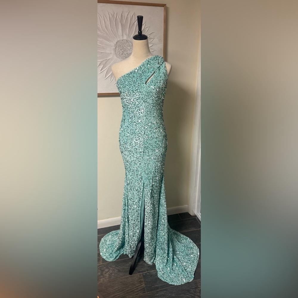 One-Shoulder Mint Sequin Maxi Dress